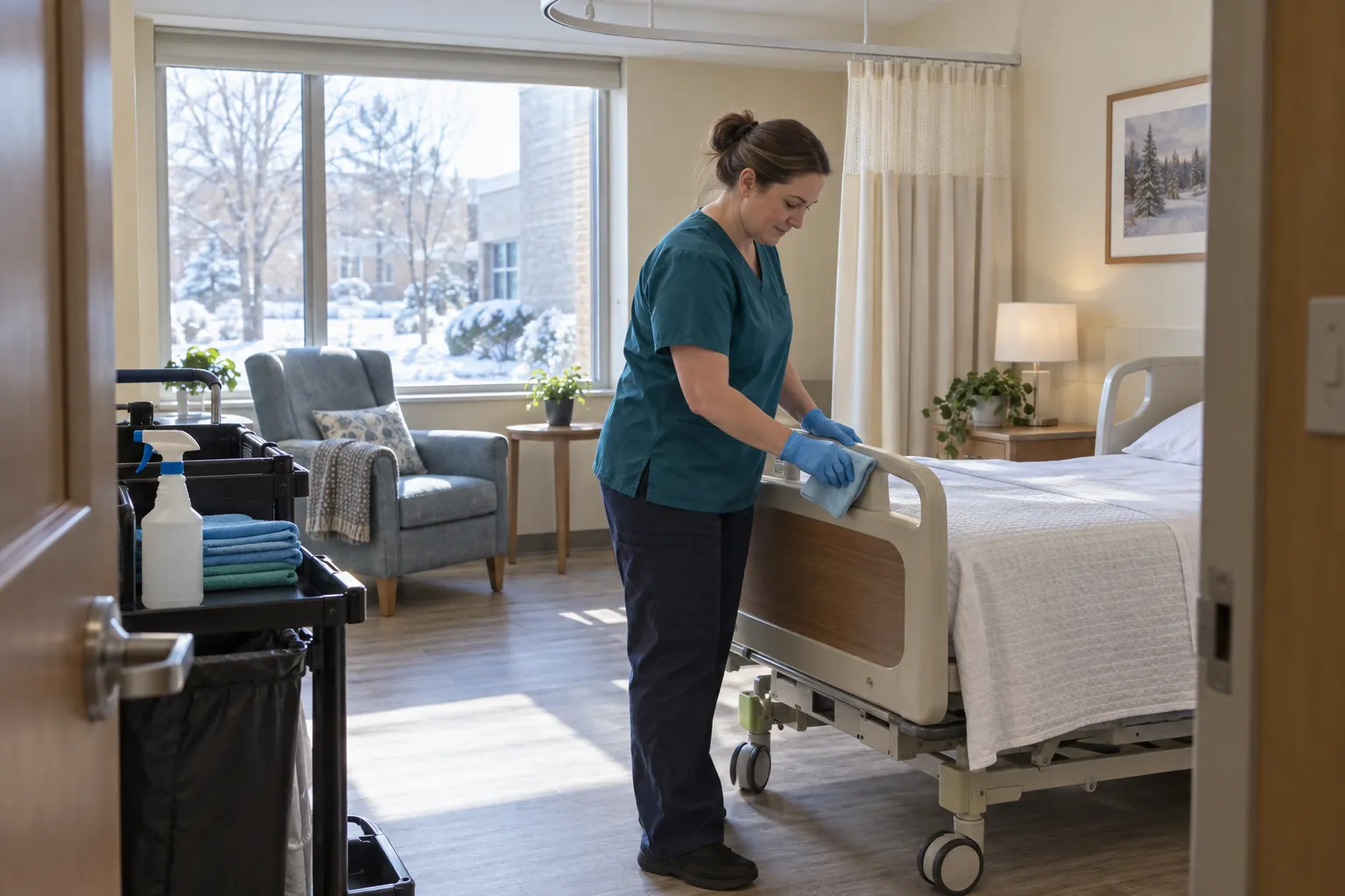 A housekeeping aide in gloves wiping the rail of an empty bed in a resident room, with a cleaning cart in the doorway and a snowy courtyard outside the window.
