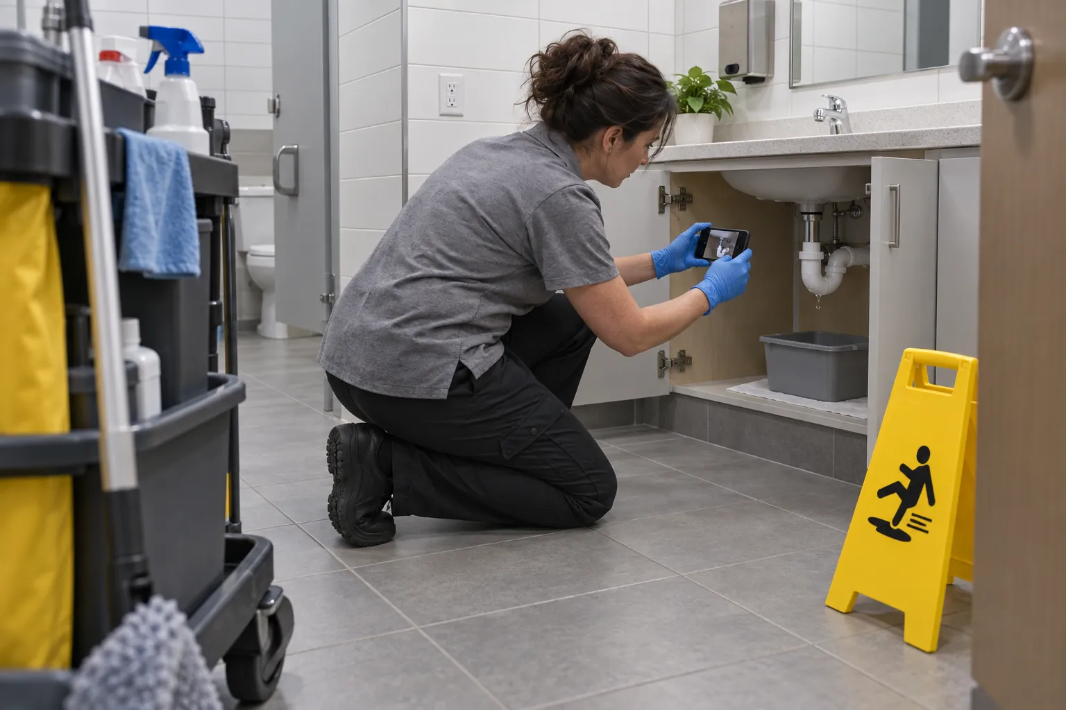 A custodian kneeling by an open vanity in an office washroom, photographing a leak under the sink with her phone.