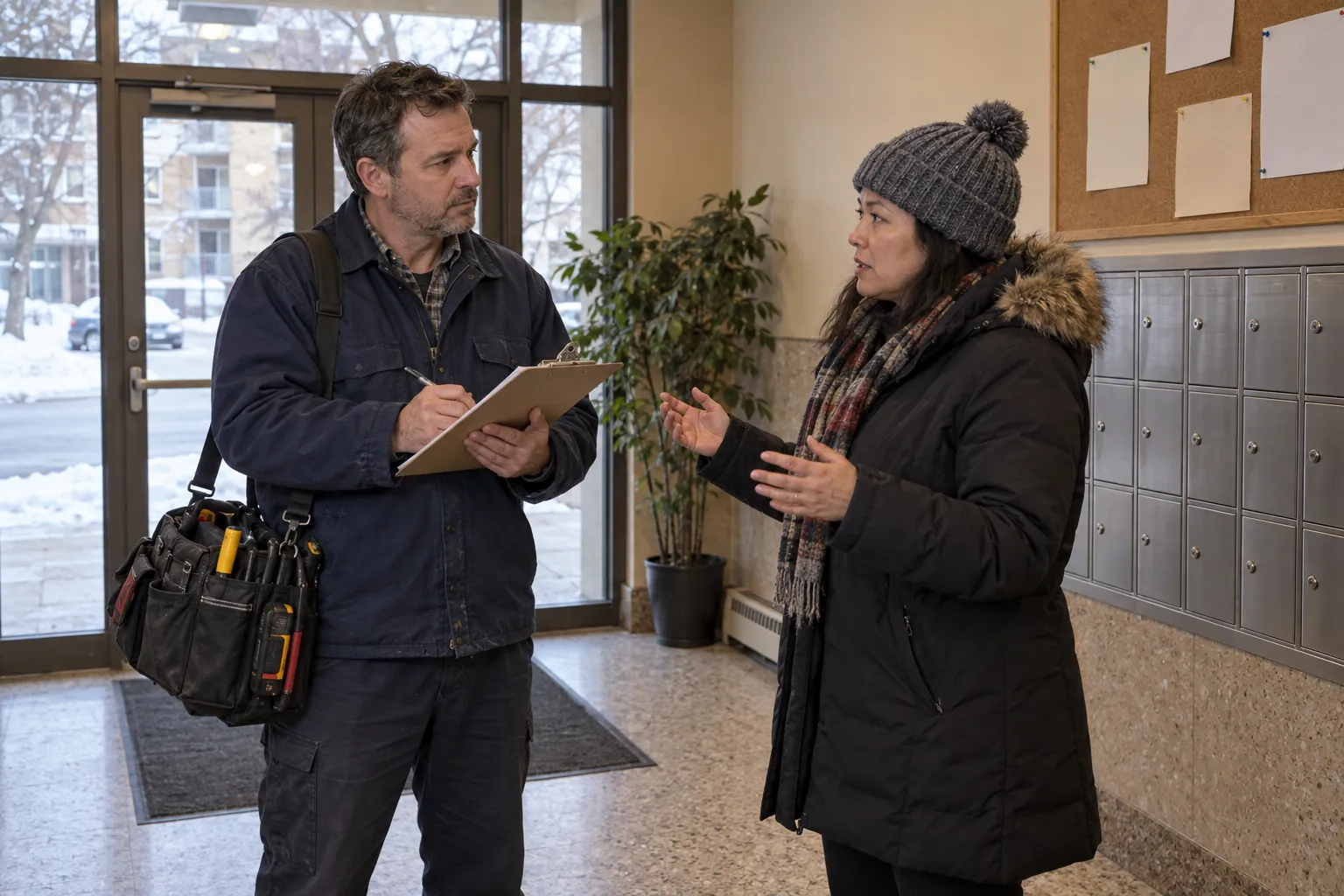 A building superintendent with a clipboard listening to a tenant in an apartment building lobby by the mailboxes, snow visible outside.
