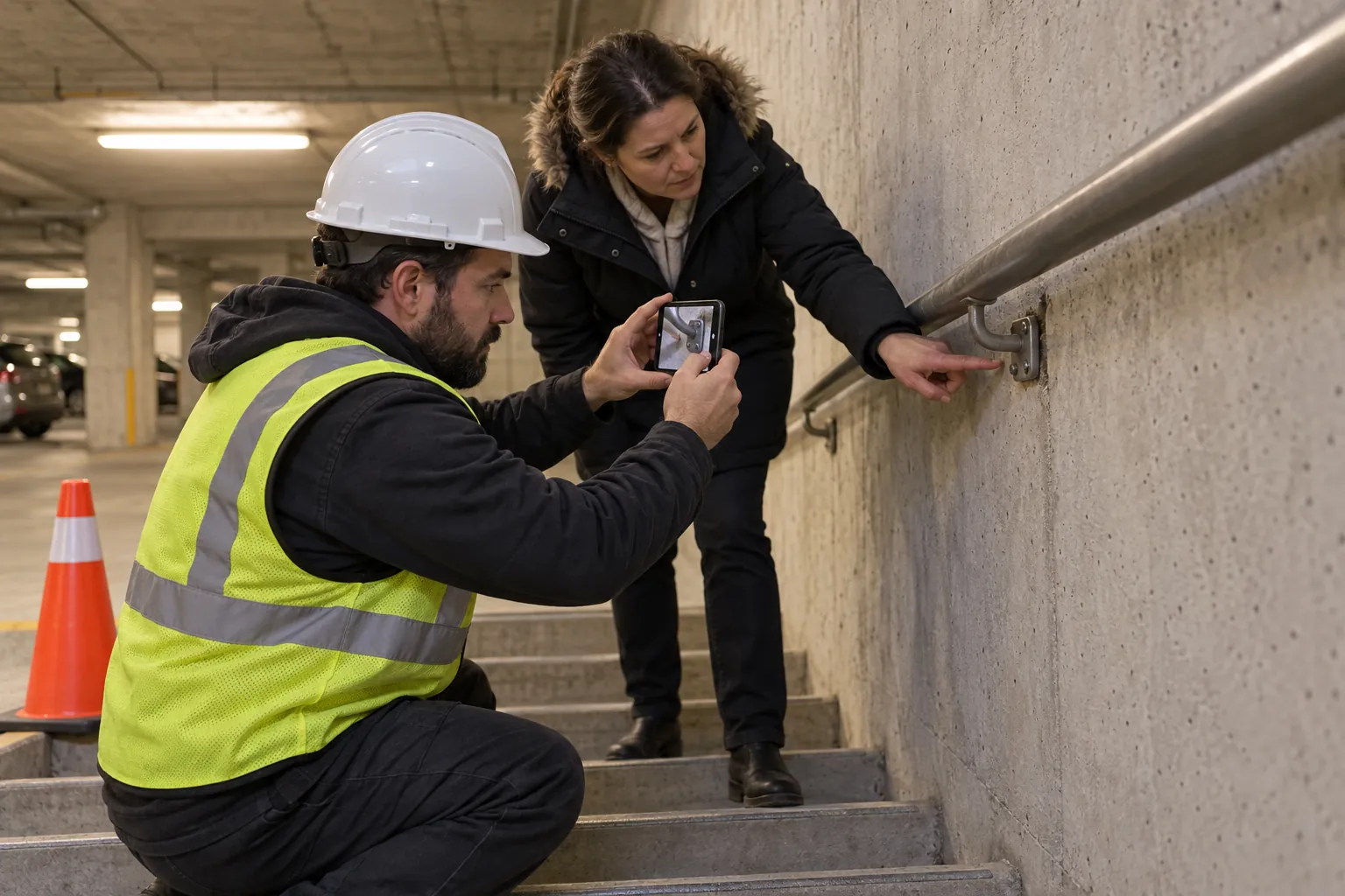 Two maintenance staff inspecting a loose handrail bracket on a parkade stairwell, one photographing it, with a cone at the foot of the stairs.