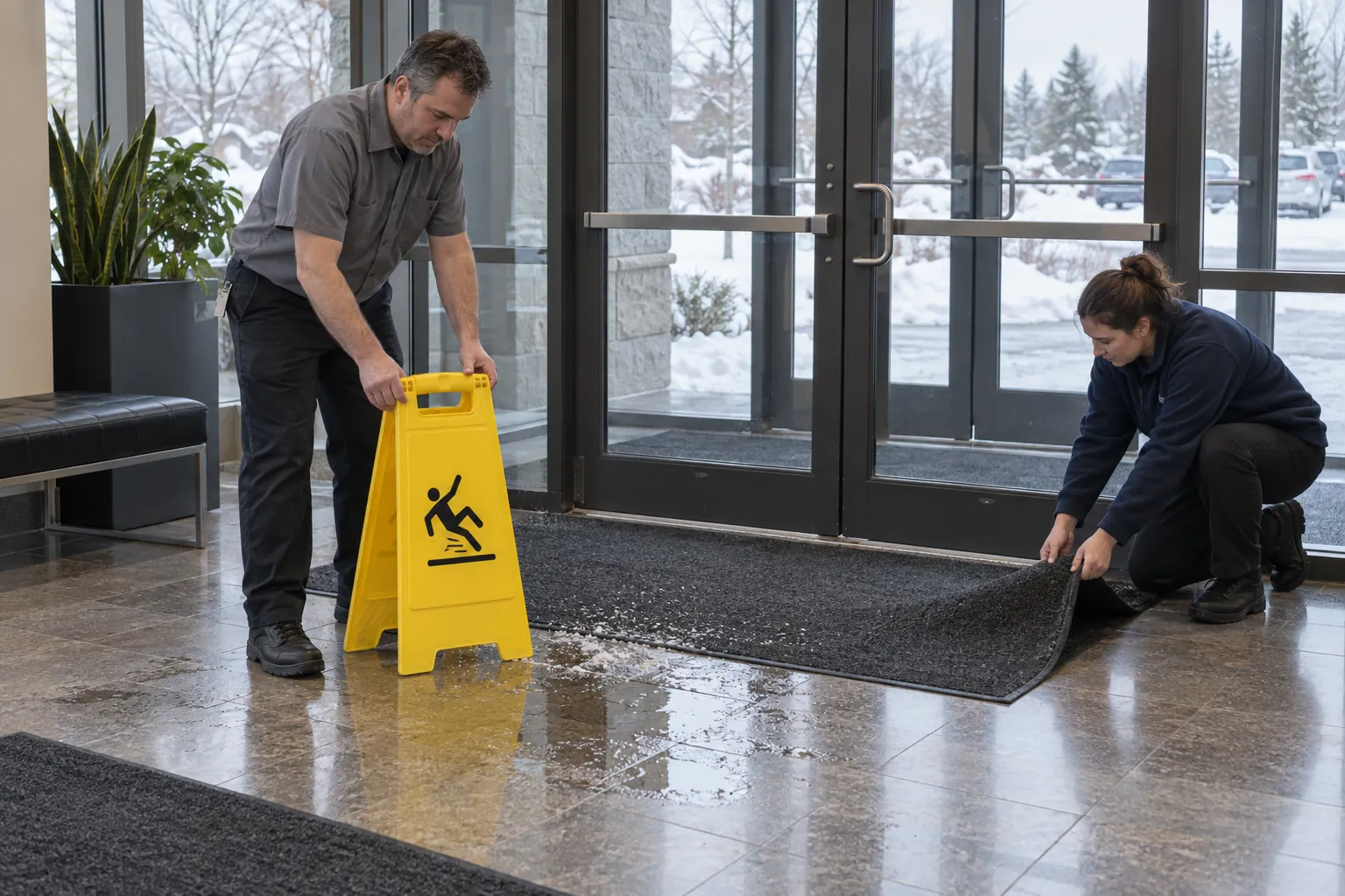 A custodian setting out a wet floor sign by meltwater in a winter office entrance while a colleague straightens the mat.