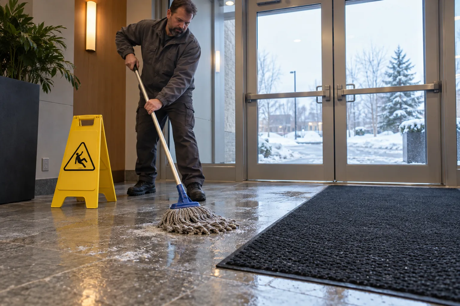 A custodian mopping salt marks from the stone floor of an office entrance beside a walk-off mat and a wet floor sign.
