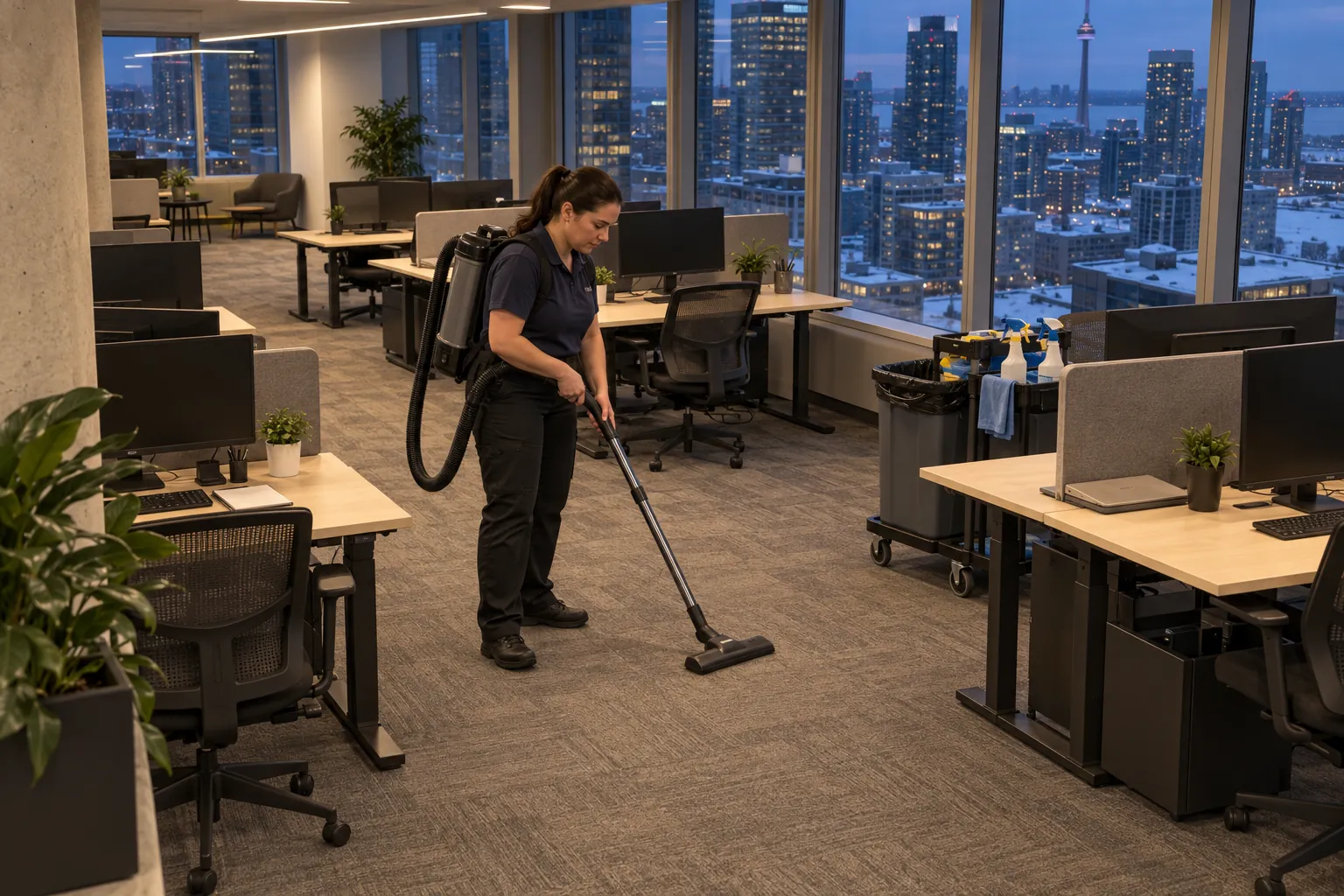 A custodian with a backpack vacuum cleaning carpet between empty desks in an open-plan office at dusk, snowy rooftops outside.