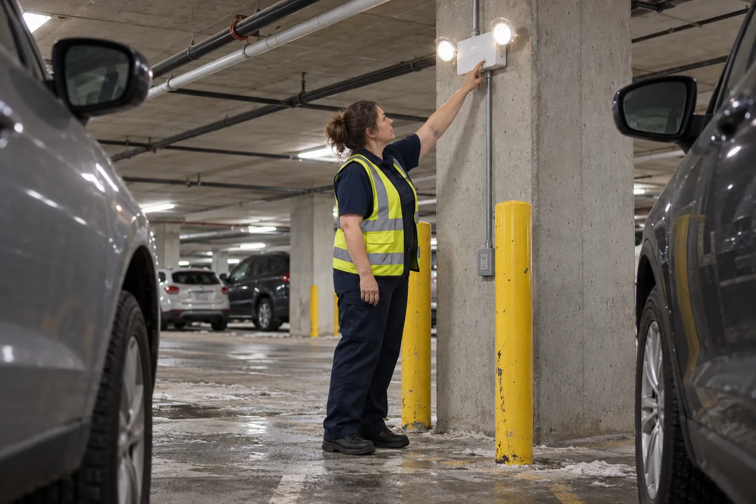 A custodian pressing the test button on an emergency lighting unit mounted on a column in an underground parking garage.