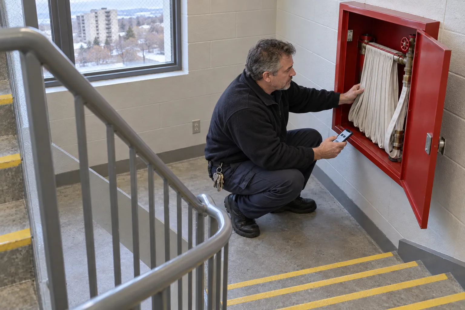 A building superintendent checking a hose cabinet on a stairwell landing of an older high-rise apartment building.