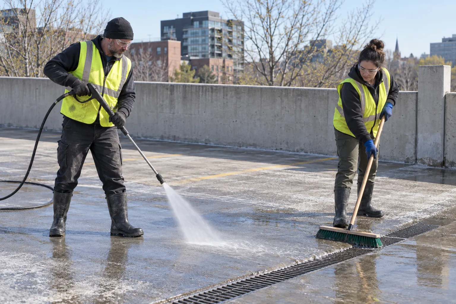 Two workers in high-visibility vests washing salt residue off a concrete ramp towards a trench drain on the open top deck of a parkade.