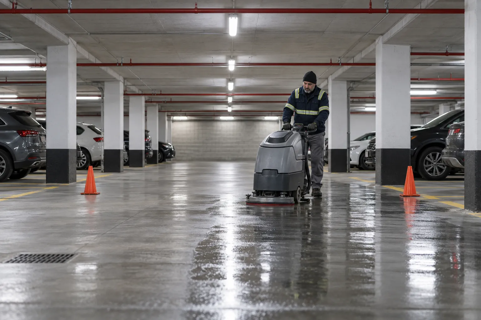 A custodian in a reflective jacket pushing a floor scrubber down an empty aisle of an underground parking garage between white and black painted columns.