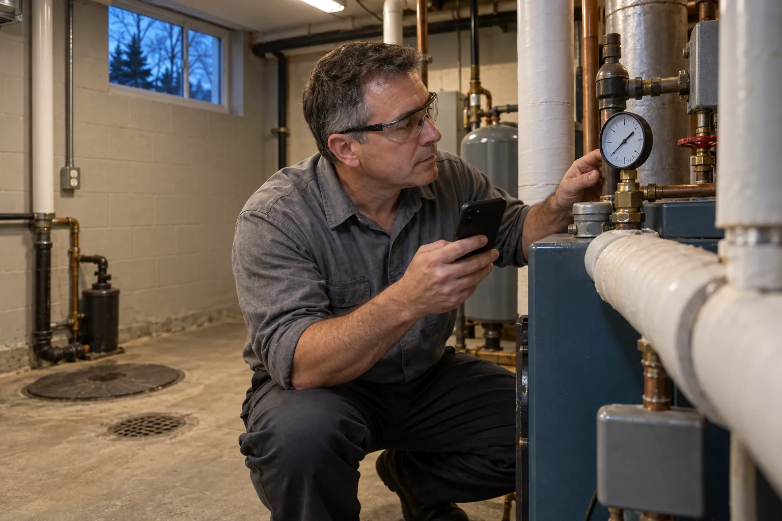 A building superintendent checking a boiler gauge in a basement mechanical room, holding a phone, with insulated pipes running overhead.