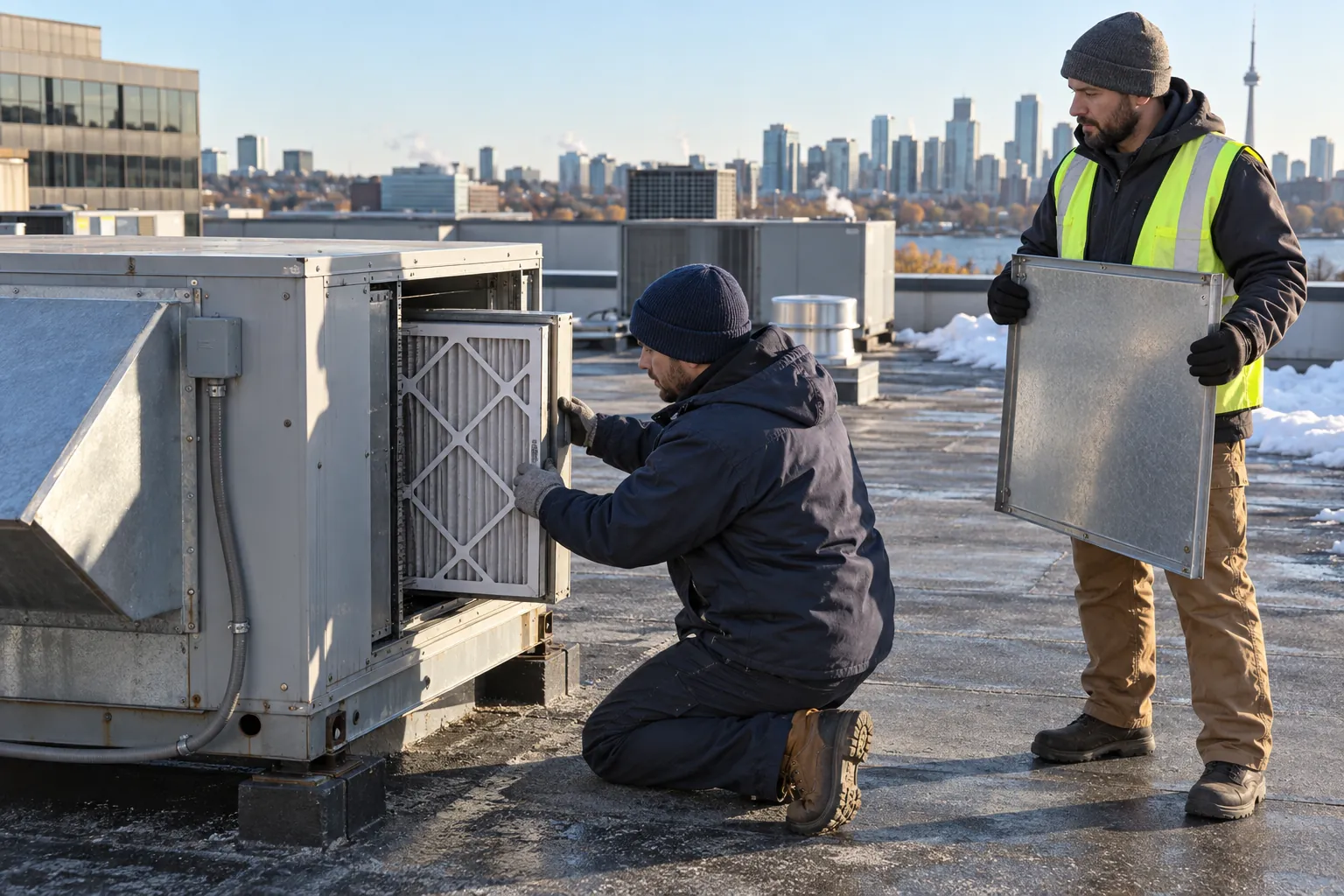 A building operator changing a filter in a rooftop HVAC unit on an office roof, with a colleague holding the panel and patches of snow along the parapet.