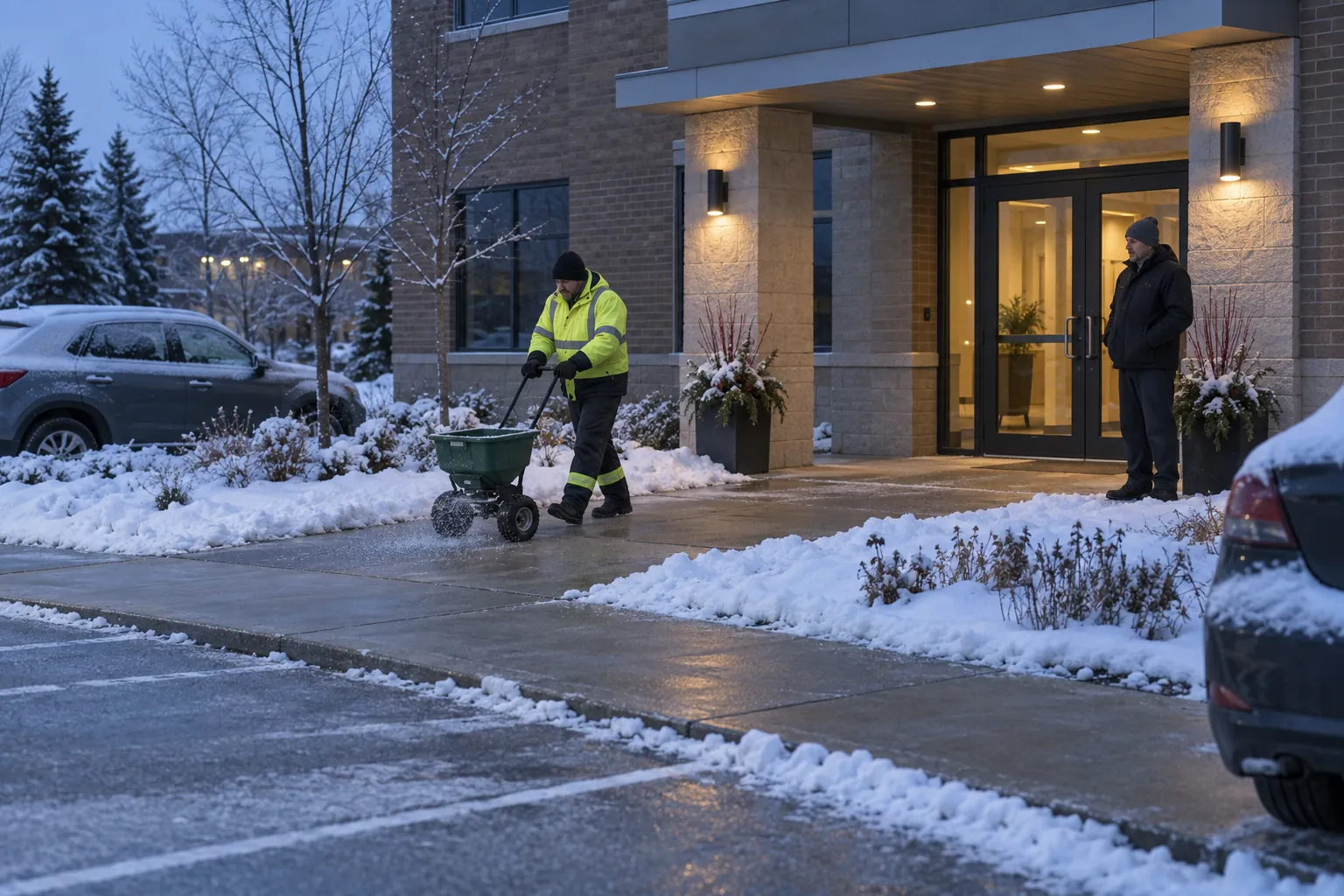 A worker spreading salt on a cleared walkway outside an office building at dawn while a property manager watches from the entrance.