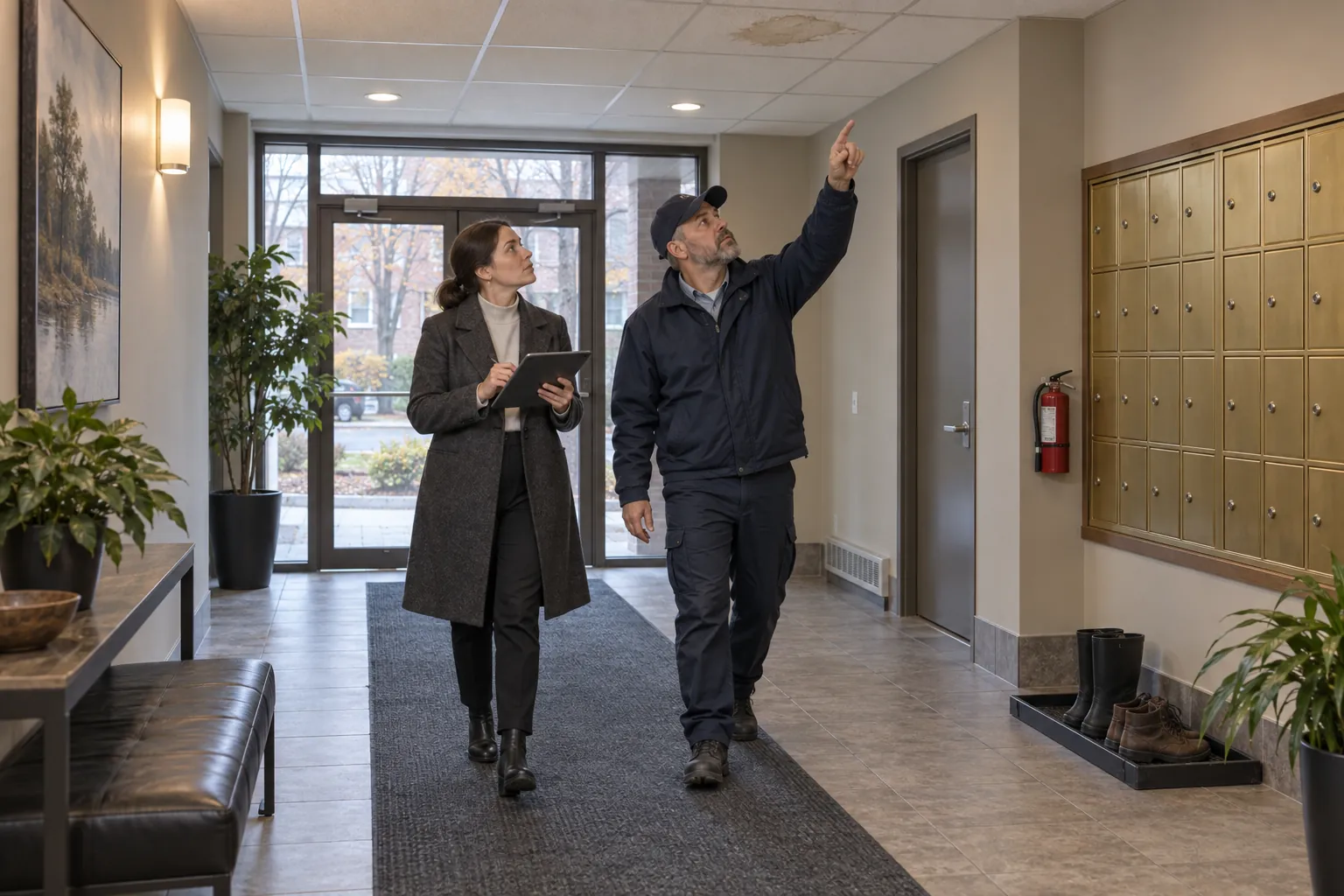 A property manager and a building superintendent looking up at a stained ceiling tile in an apartment lobby, the manager holding a tablet.