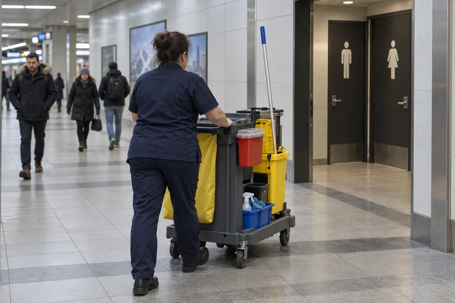A janitorial worker pushing a cleaning cart with a mop bucket along a transit station concourse toward a washroom entrance.