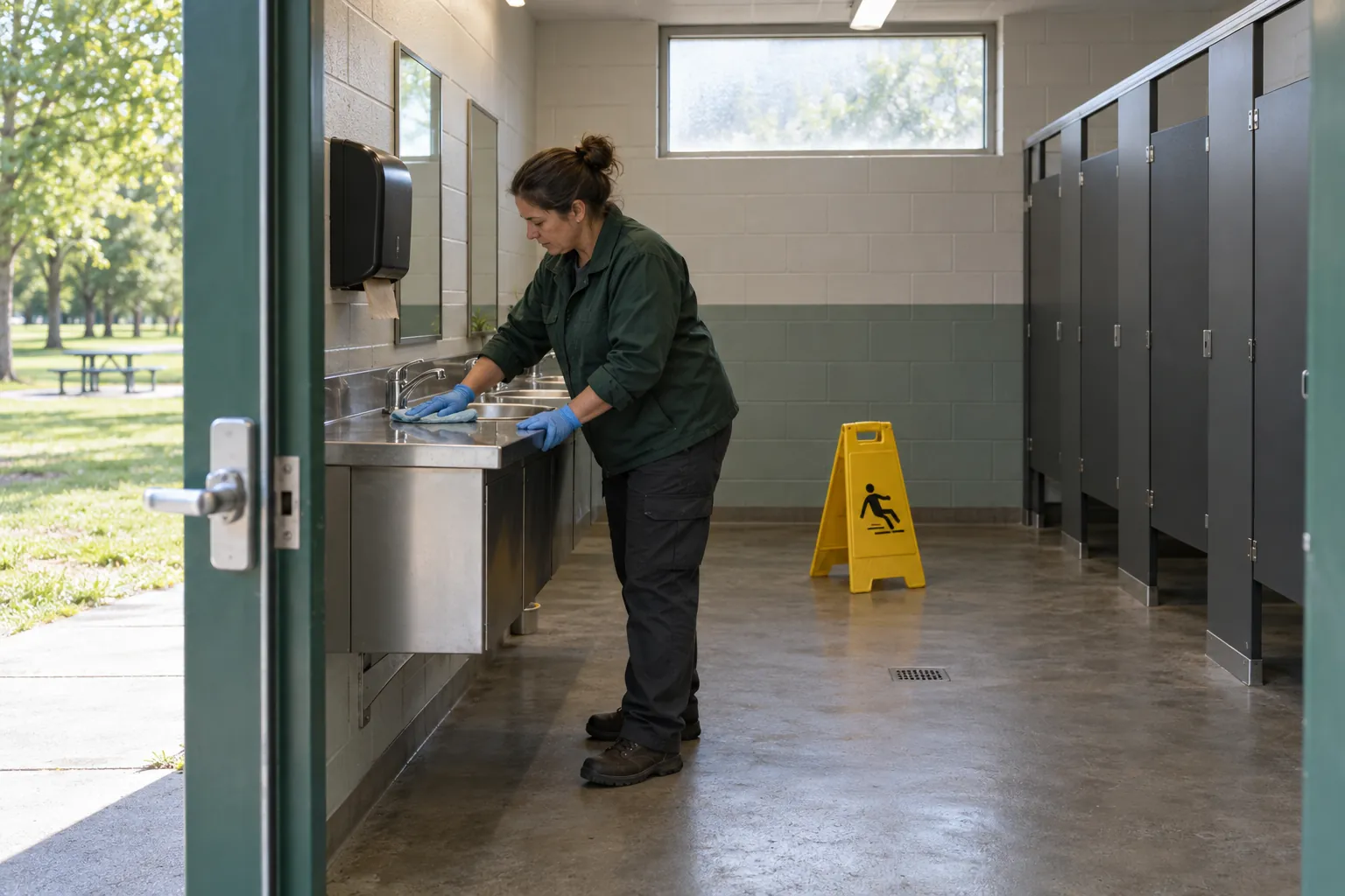 A custodian in gloves wiping a stainless steel sink counter inside a park washroom, with a wet floor sign on the concrete floor.