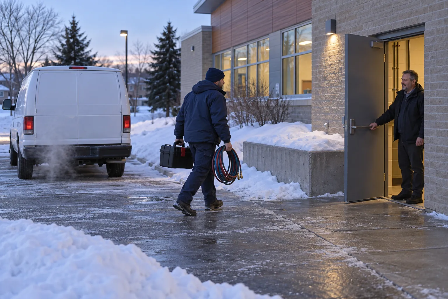 A technician carrying a toolbox from a service van to the back door of a community centre on a snowy morning, where a superintendent waits by the open door.