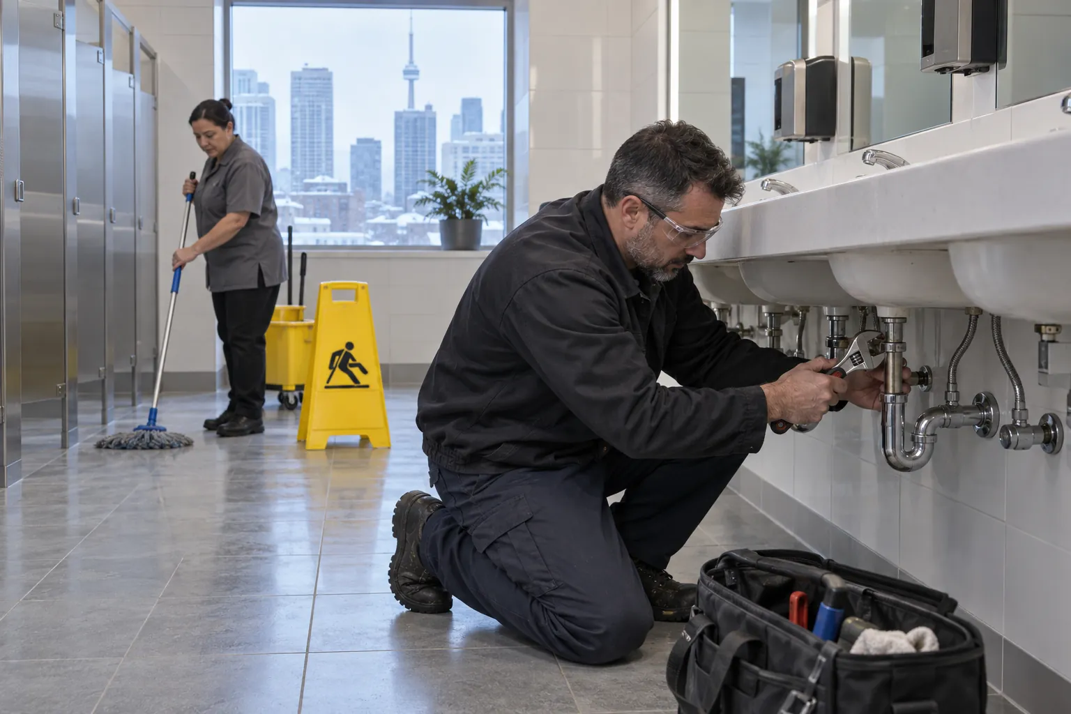 A building operator repairing a leak under a washroom sink while a custodian stands by with a wet floor sign.