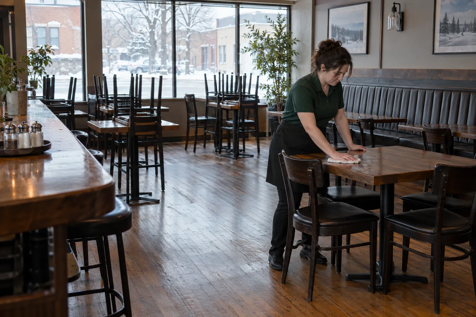 A server wiping a wooden table in an empty restaurant dining room before opening, chairs upturned and snow outside the windows.