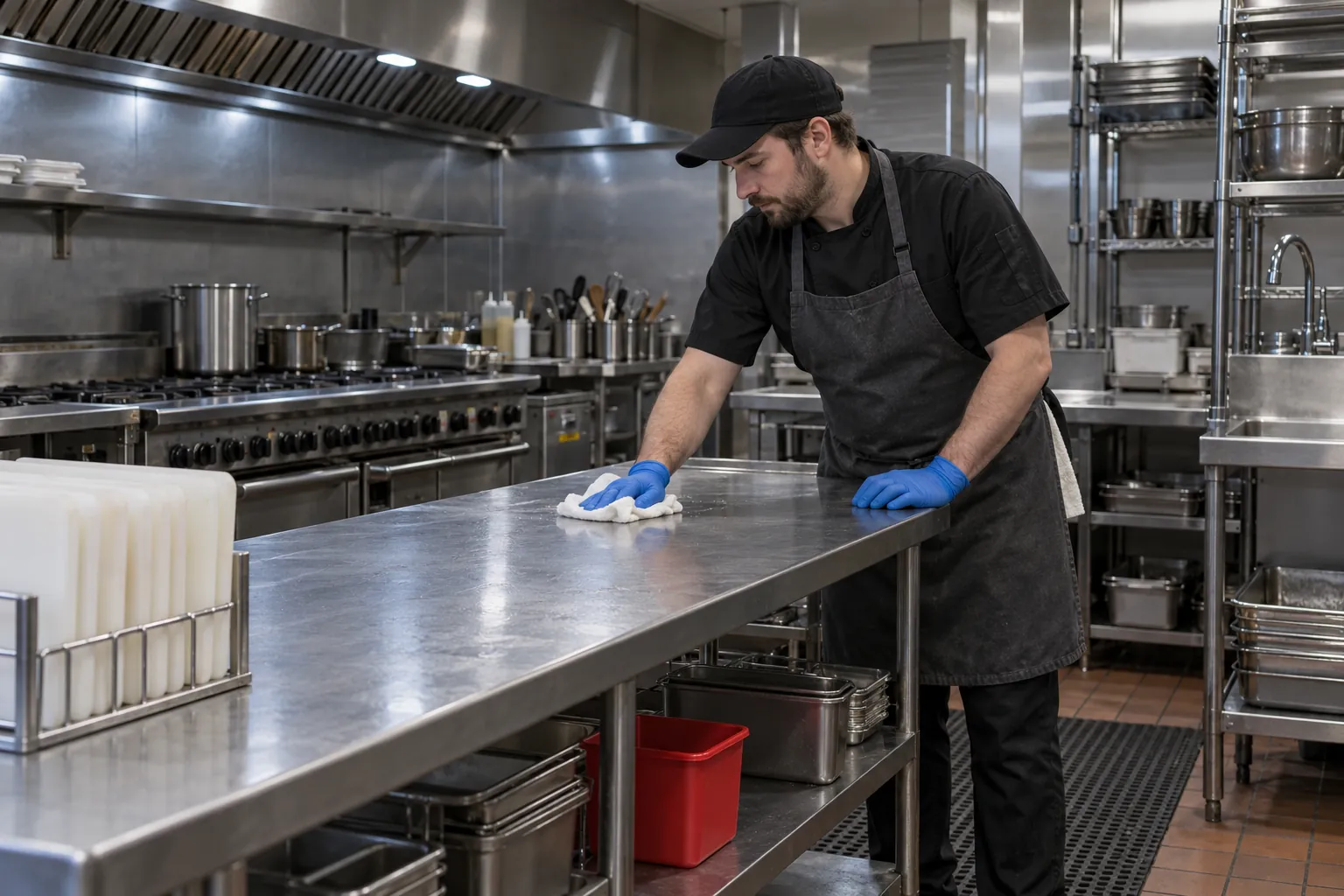 A line cook in nitrile gloves wiping an empty stainless-steel prep table after service, a red sanitizer bucket on the shelf below.