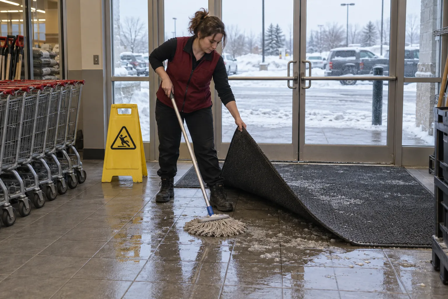 A store employee dry-mopping slush and salt streaks from a glass entrance vestibule beside a wet floor sign, with a snowy parking lot outside.