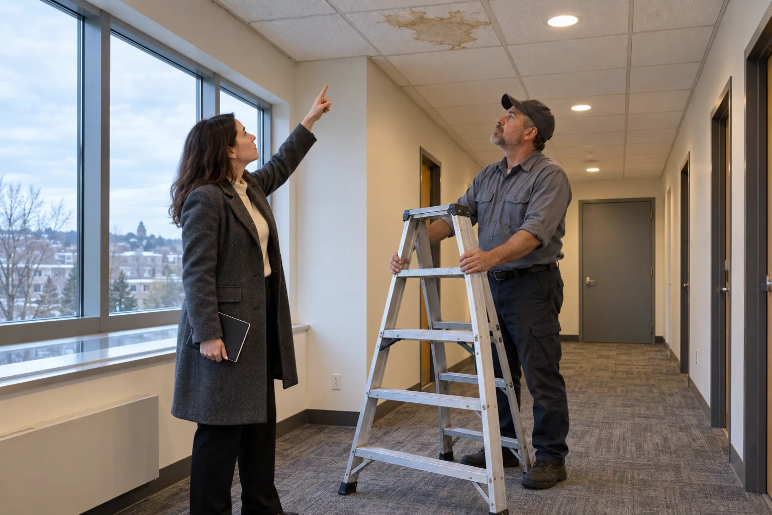 A property manager pointing at a stained ceiling tile in a top-floor corridor while a superintendent steadies a stepladder.