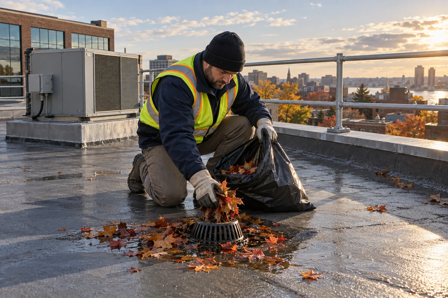 A building operator kneeling on a flat office roof clearing autumn leaves from a roof drain, with a guardrail and a rooftop unit behind him.