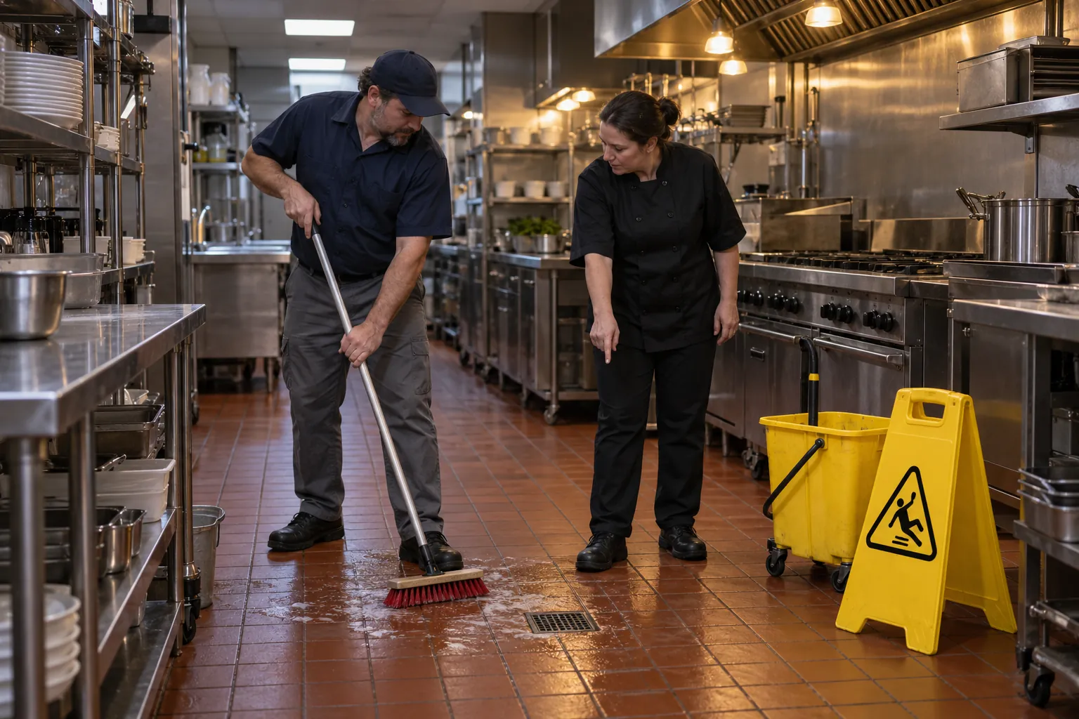 A janitorial worker scrubbing a restaurant kitchen floor at night while a kitchen supervisor points to a floor drain.
