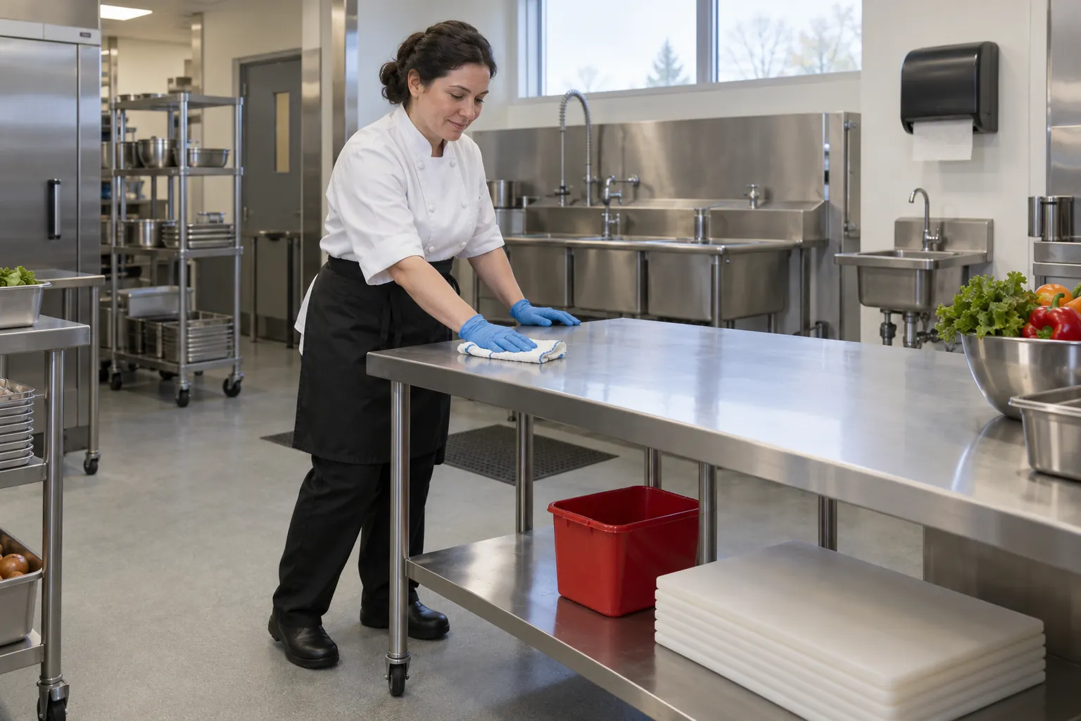 A cook in nitrile gloves wiping a stainless-steel prep table in a quiet institutional kitchen, a red sanitizer bucket on the shelf below.