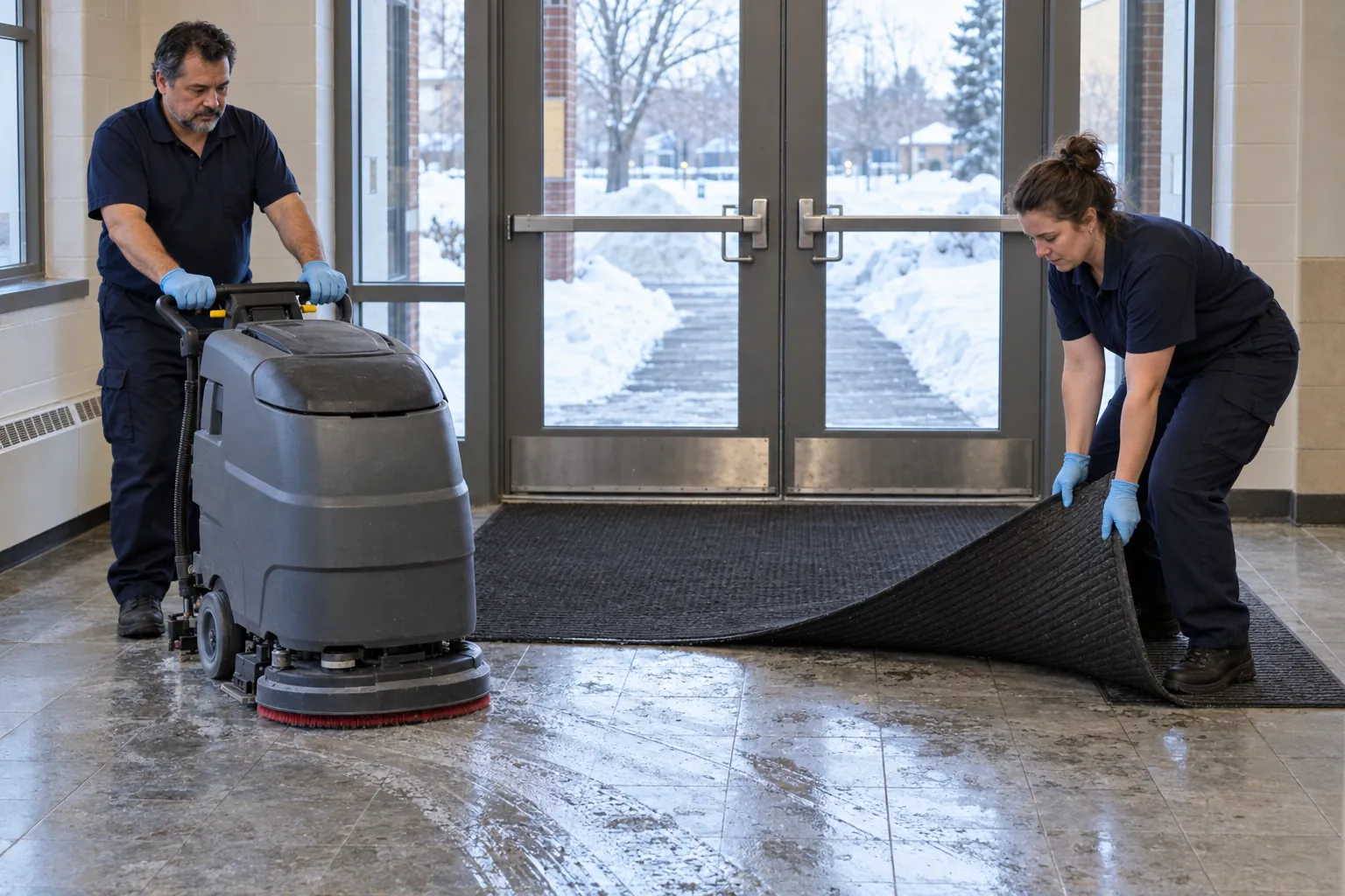 Two custodians scrubbing salt from a school entrance floor and lifting a walk-off mat, snow visible outside the glass doors.