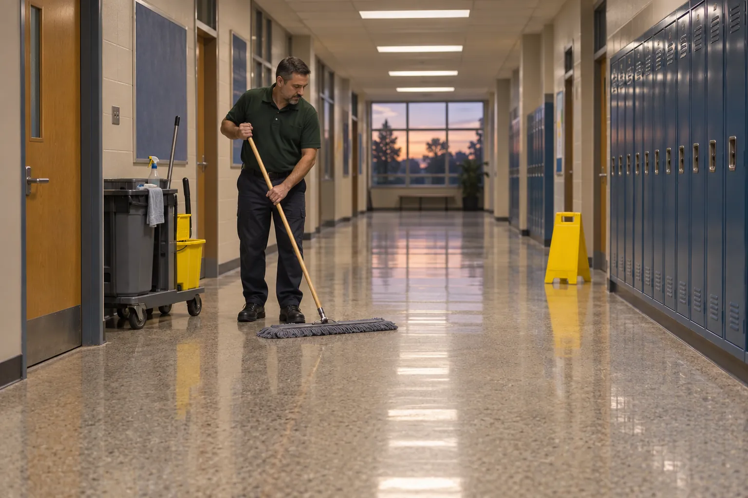 A custodian dry-mopping a long school hallway lined with blue lockers in the evening, a janitorial cart parked by a classroom door.