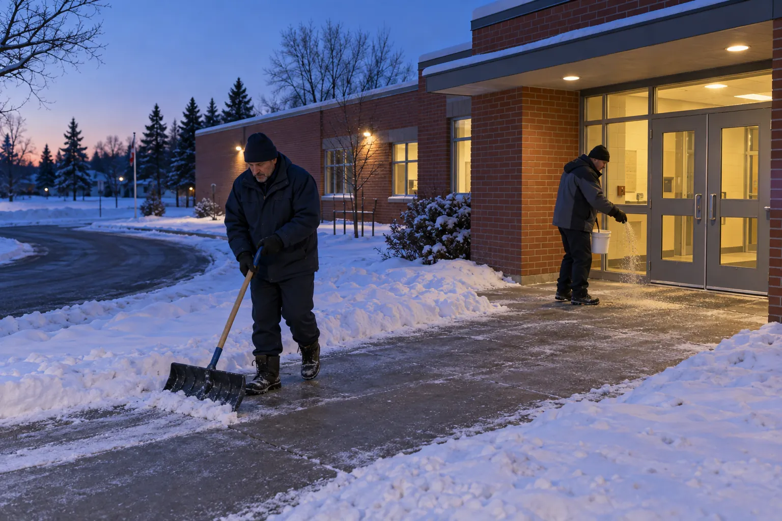 Two school custodians clearing snow and salting the front walk of a brick elementary school before dawn.
