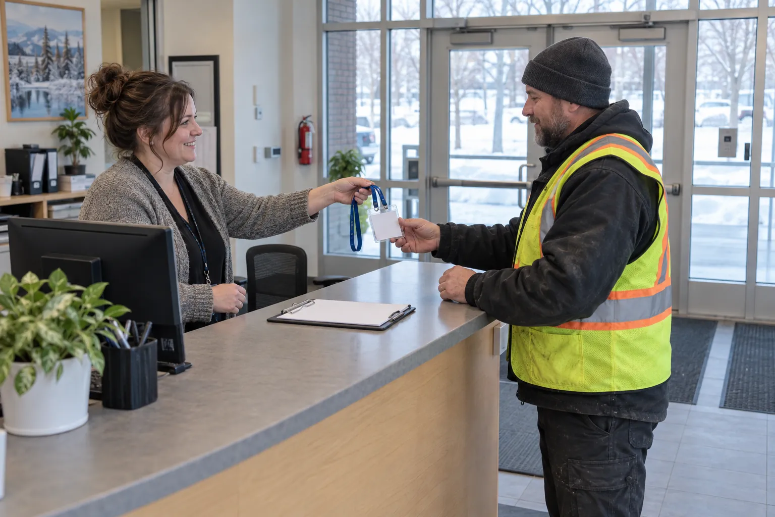 An office administrator handing a visitor badge across the front counter to a contractor signing in at a school entrance.