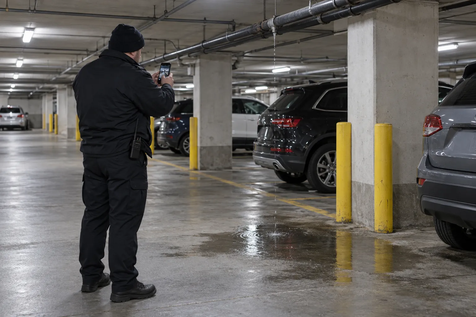 A security guard on a night patrol in an underground garage photographing a puddle under a dripping pipe.