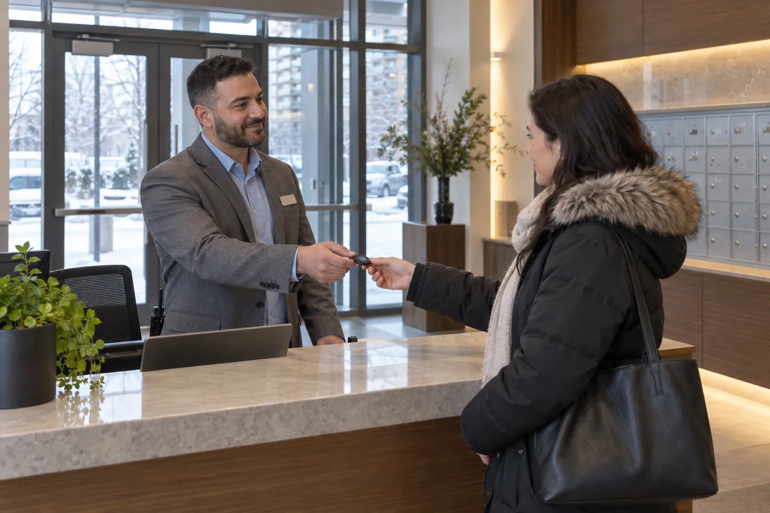 A security guard at a condominium lobby desk handing a key fob to a resident in a winter parka.