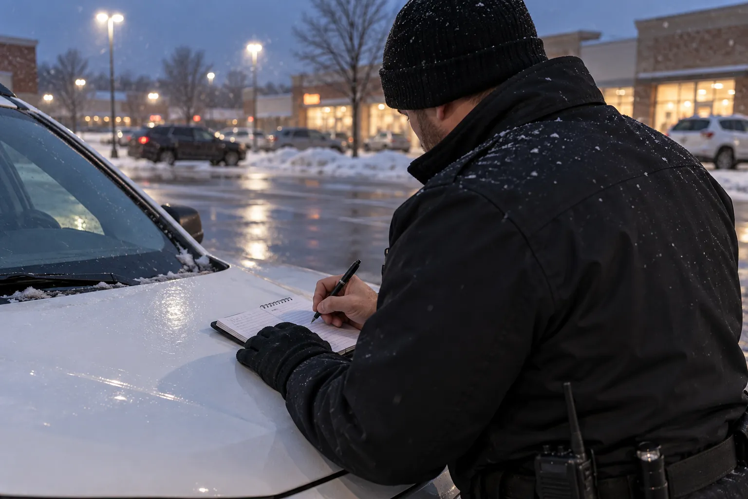 A guard's gloved hands writing in a small notebook on the hood of a patrol vehicle in a snowy parking lot at dusk.