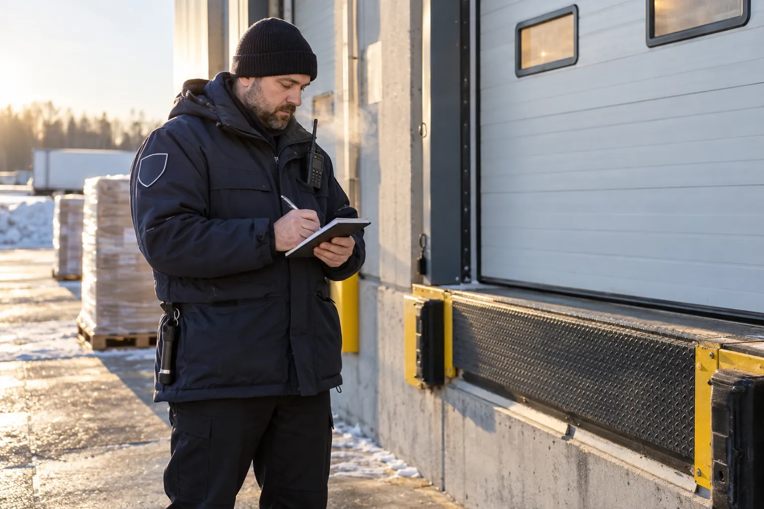 A security guard in a parka and toque writing in a pocket notebook beside a closed overhead door on a warehouse loading dock on a winter morning.