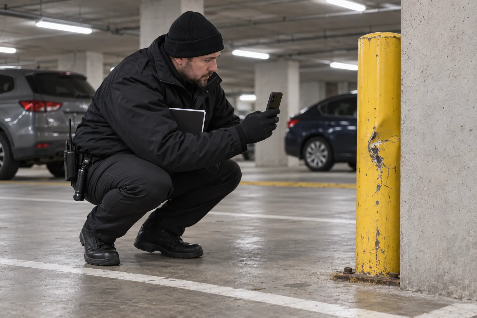 A security guard in an underground parkade photographing a dented yellow bollard.
