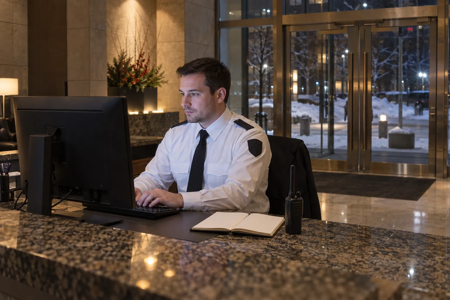 A security guard at a lobby desk at night typing a report, with an open notebook and a radio beside the keyboard and snow outside the glass doors.