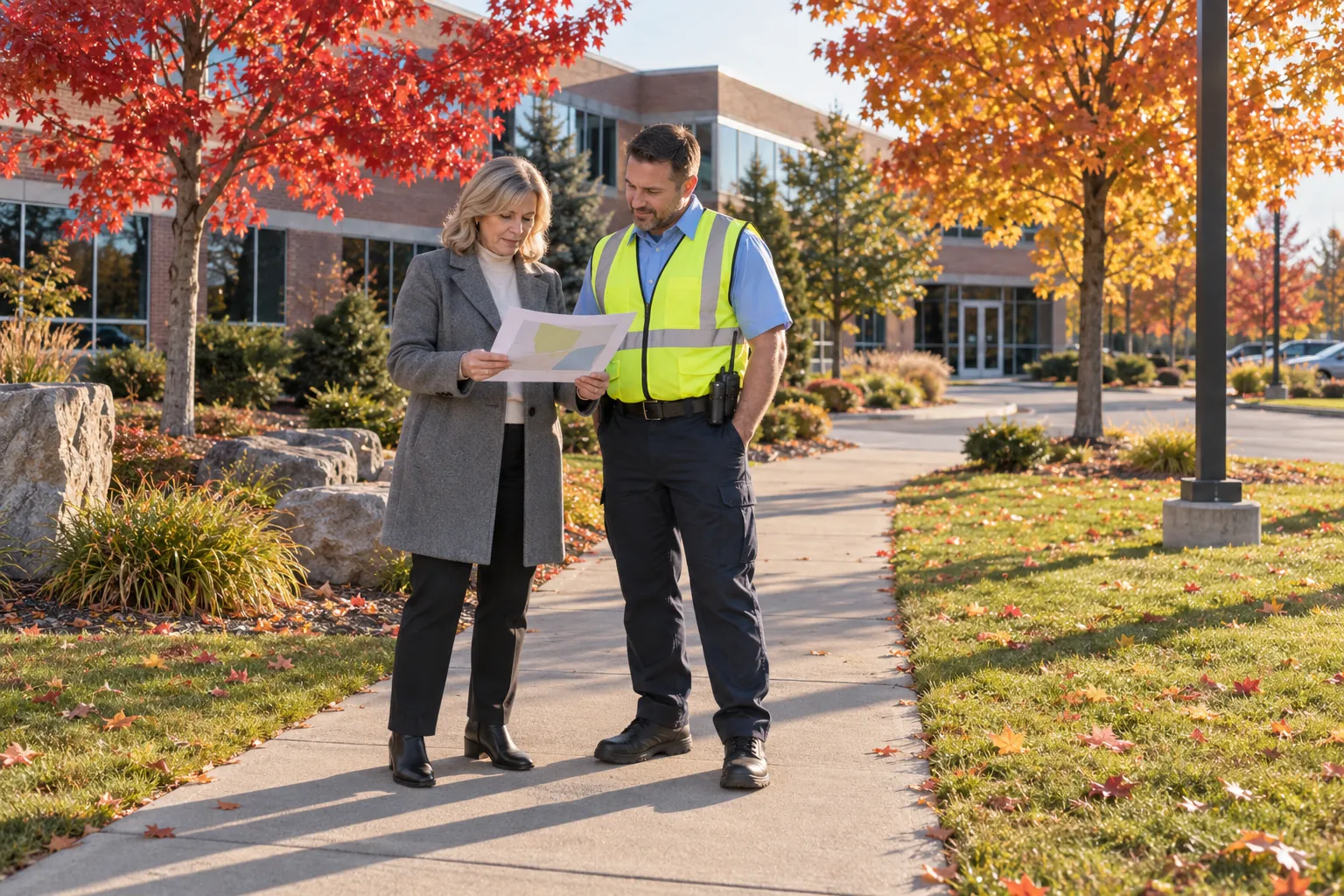 A property manager and a patrol supervisor reviewing a printed sheet together on an office park walkway under autumn maple trees.