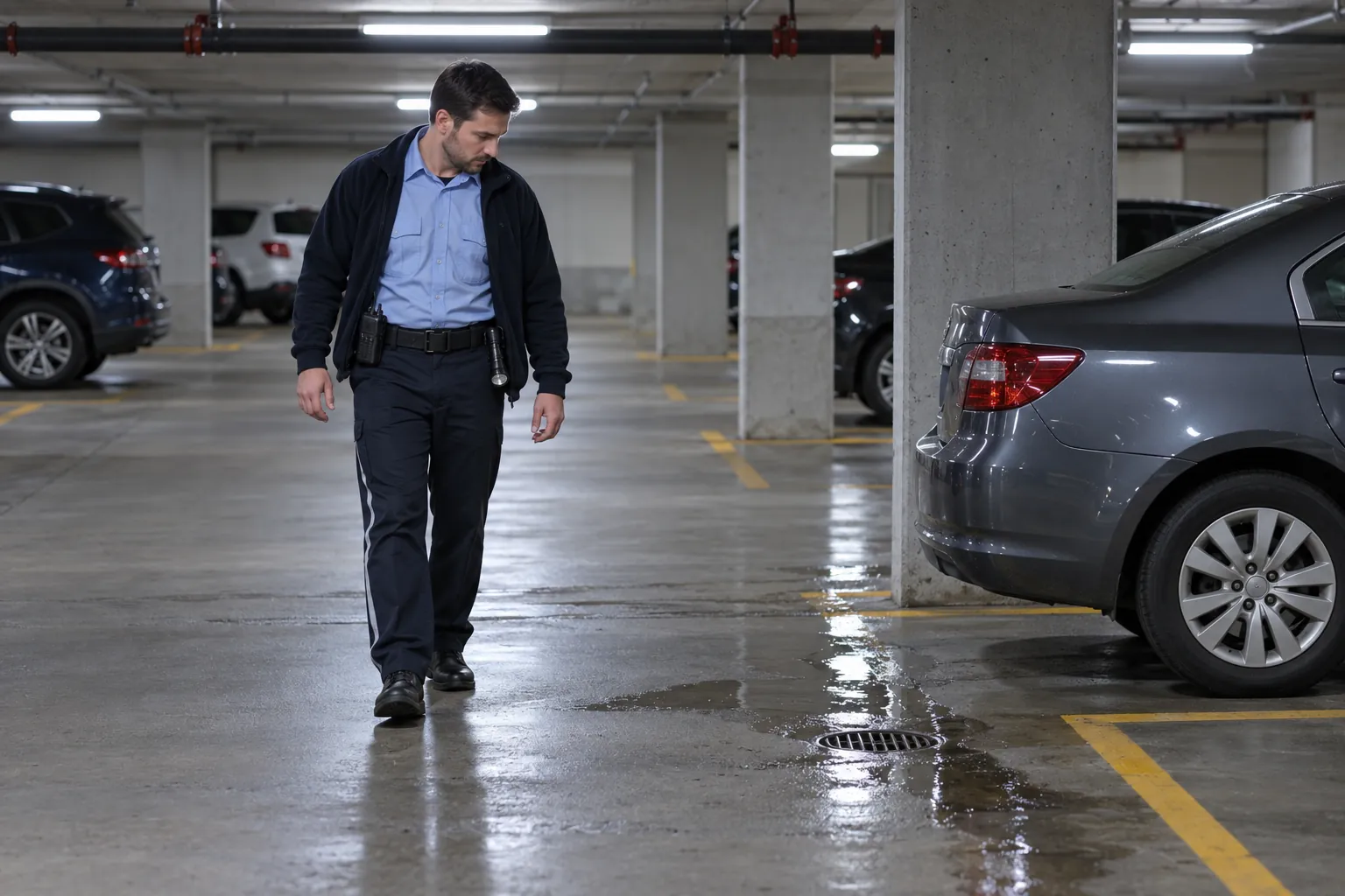 A security guard in a light blue uniform shirt walking through an underground parkade, looking at water on the floor near a drain.