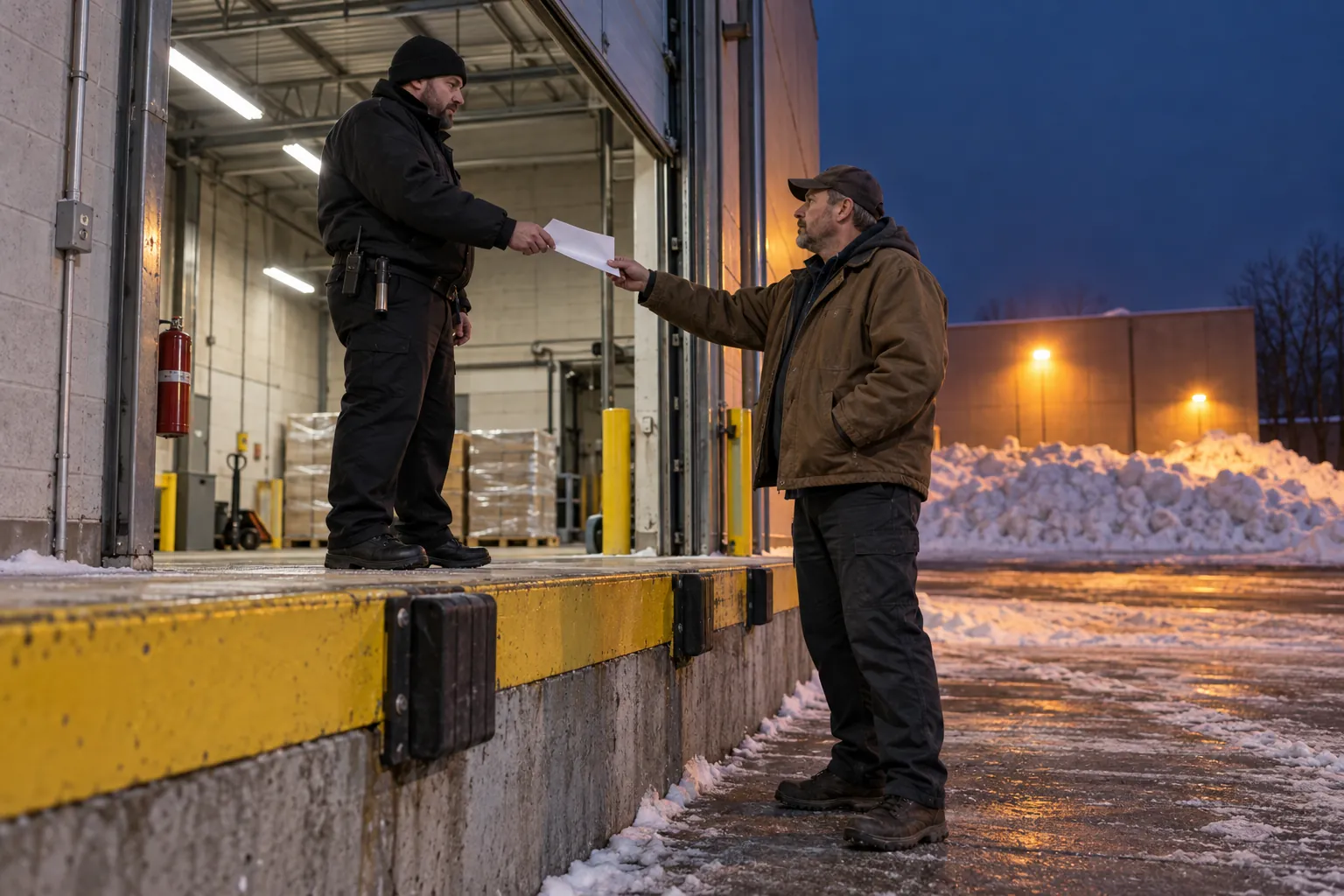 A security guard checking a delivery driver's paperwork on a loading dock on a winter evening.
