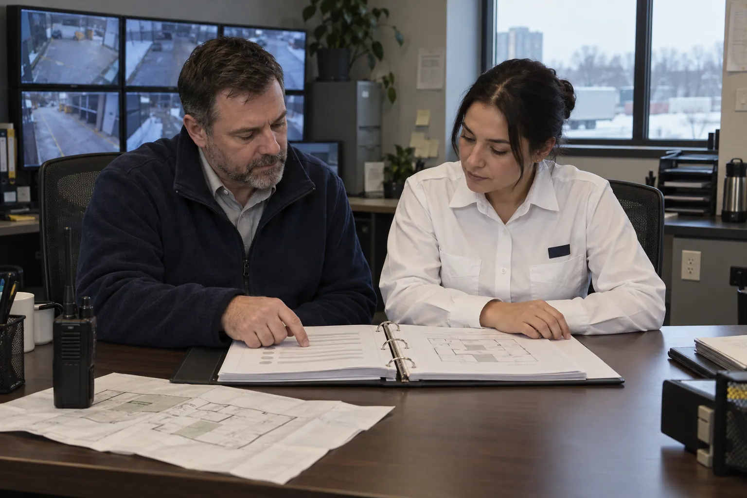 A security supervisor and a new guard reading a binder of post orders together at a desk in a building's security office.