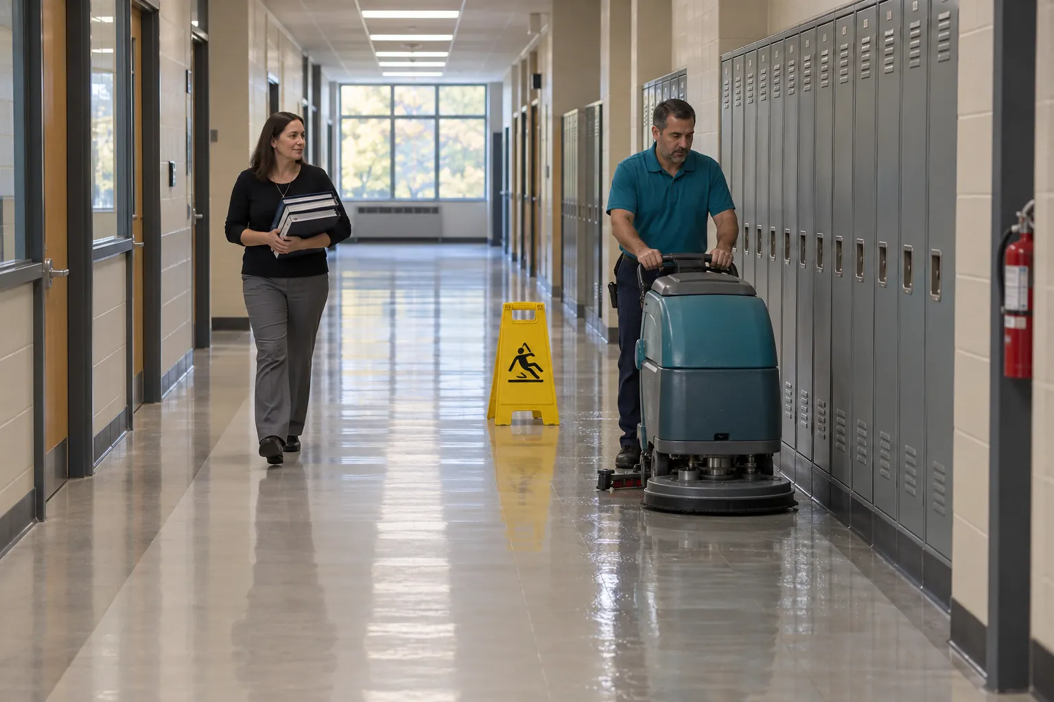 A custodian scrubbing one side of a school corridor behind a wet floor sign while a teacher walks along the dry side.