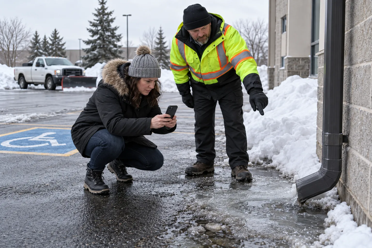 A property manager photographing an icy patch under a downspout beside a ploughed parking lot while a snow contractor points to it.