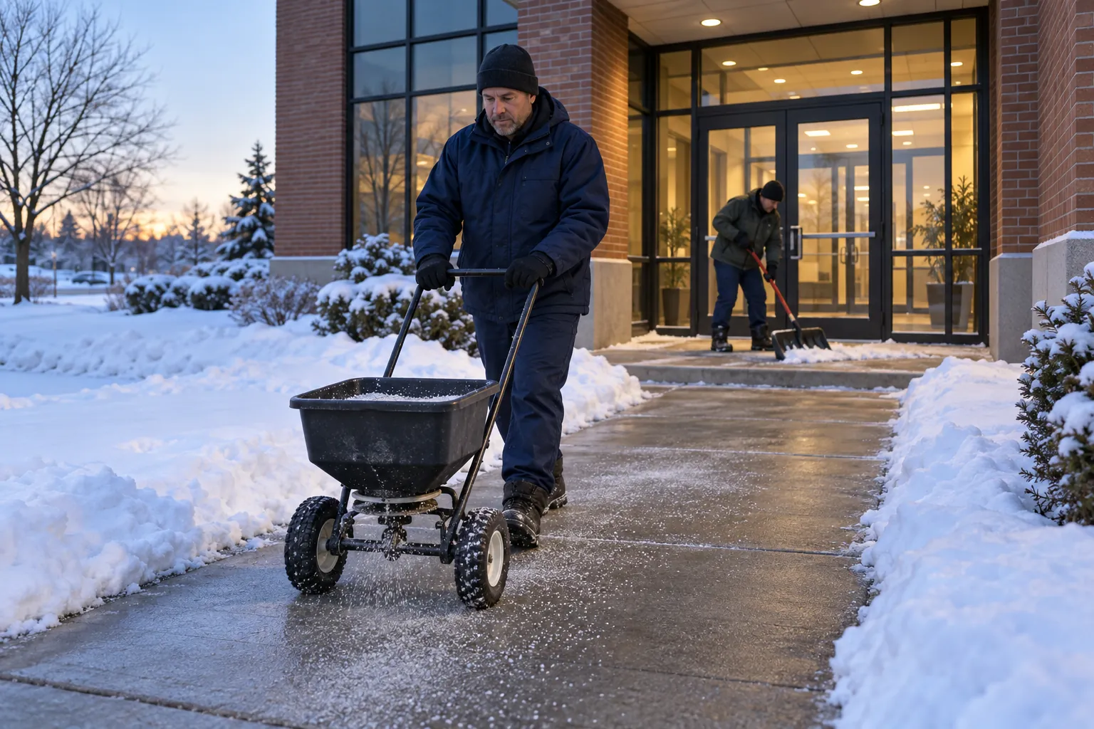 A worker spreading salt along a shovelled walkway outside an office building at dawn while a colleague clears the entrance landing.