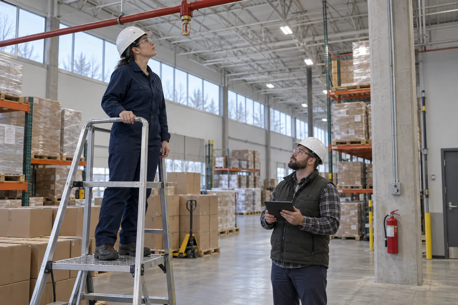 A technician on a ladder examining a sprinkler head above a warehouse aisle while a colleague below holds a tablet.