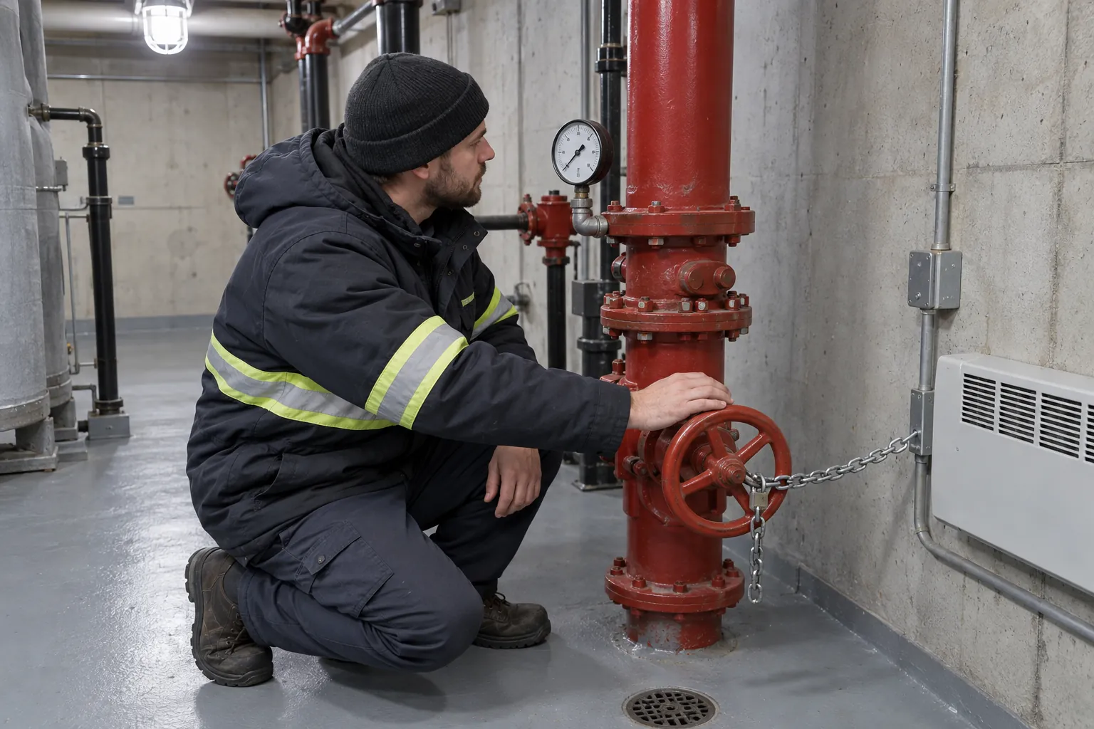 A building operator reading the pressure gauge on a red sprinkler riser in a basement valve room.