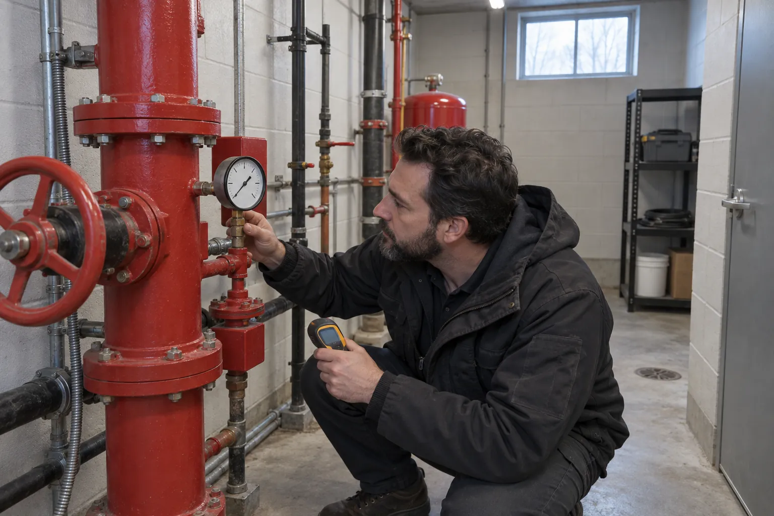 A building superintendent reading a pressure gauge on a sprinkler riser in a bare concrete valve room.