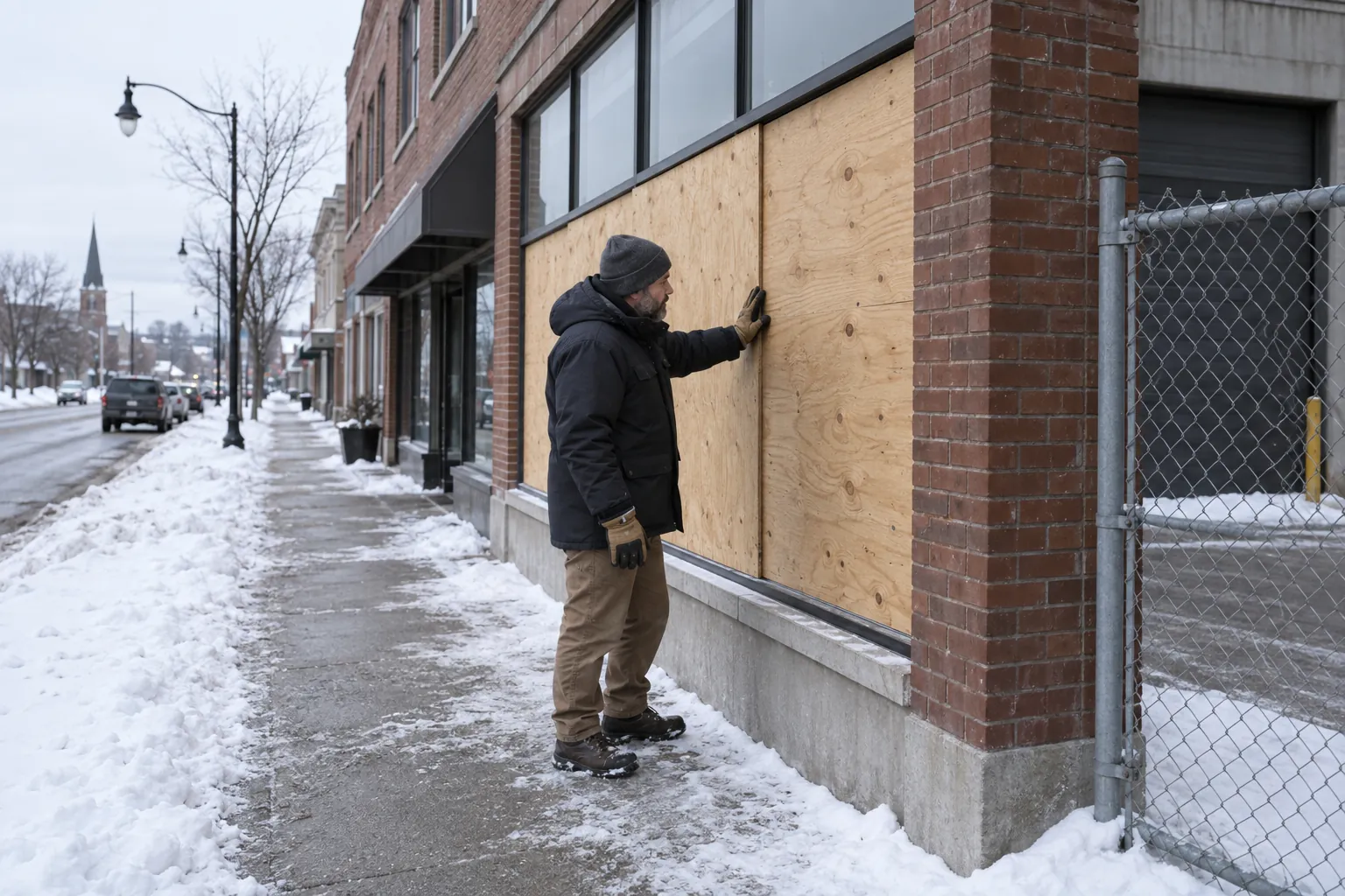 An inspector in a winter parka checking plywood boarding on the window of an empty brick building in the snow.