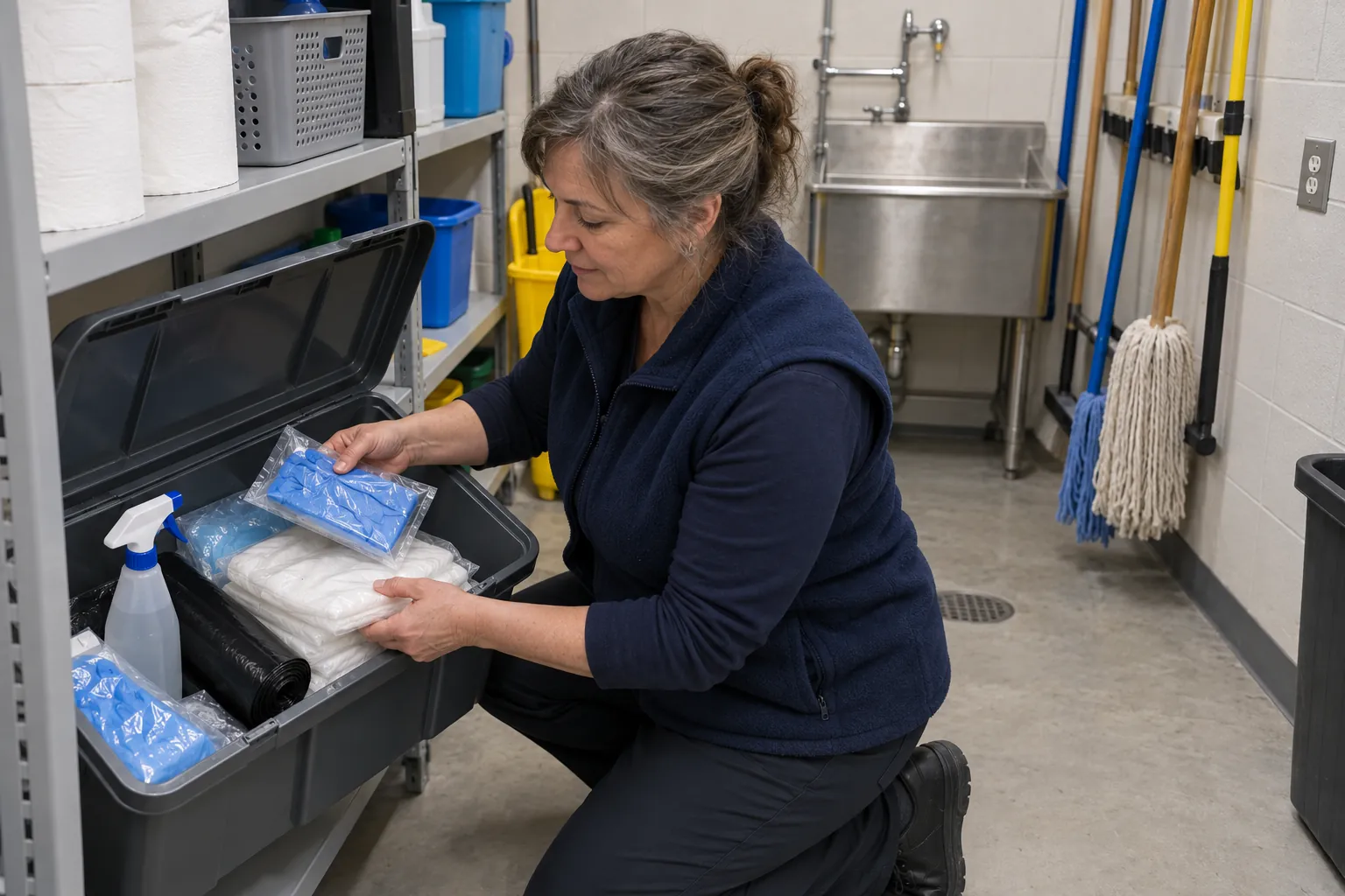 A supervisor kneels to check gloves, gowns and bags in an open spill kit in a recreation centre's custodial room, with a mop sink behind her.