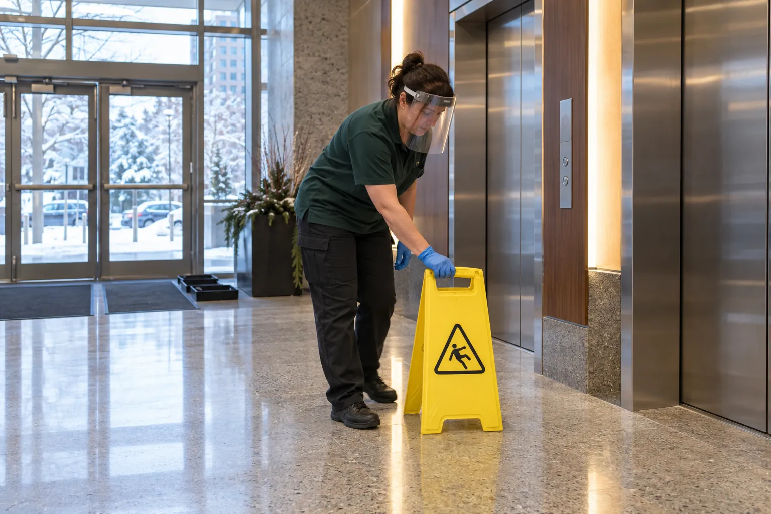 A custodian wearing gloves and a face shield places a wet-floor sign beside the elevators in an office lobby, with snow outside the glass doors.