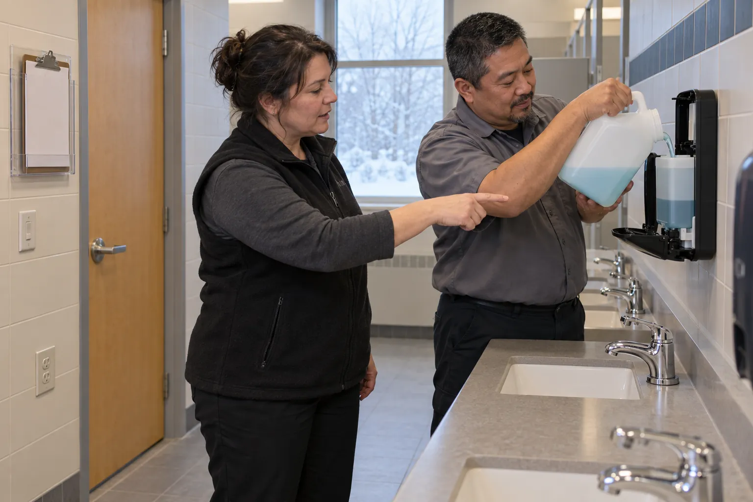 A supervisor pointing at a soap dispenser while a custodian refills it at a row of sinks in a school washroom.
